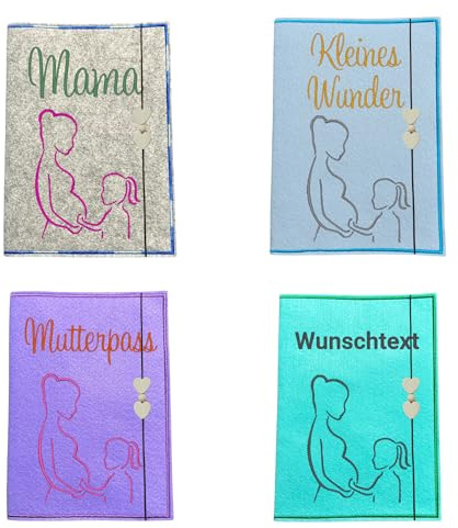 Mutterpasshülle Filz bestickt personalisiert – Silhouette Schwangere mit Tochter – Wunschtext – Ultraschallbild Fach – Geschenk Schwangerschaft – kleines Wunder – Baby