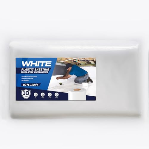 White Crawl Space Vapor Barrier, 10 Mil Vapor Barrier, 10' x 10', White Thick Plastic Sheeting, Heavy Duty Polyethylene Film, White Plastic Drop Cloth Covering for Crawlspace, Basement