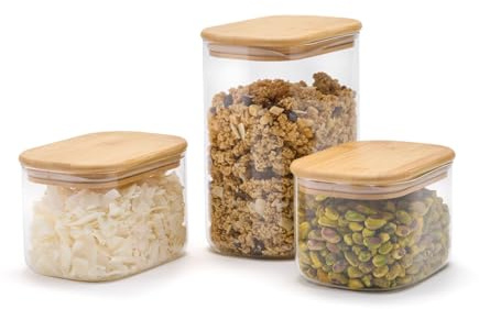 QULINART 3er-Set 1 l + 1 l + 2 l Borosilikatglasgläser mit luftdichtem Bambusdeckel, wiederverwendbares Vorratsglas für Küche, Aufbewahrung von Lebensmitteln (Nudeln, Müsli, Körner) – Transparent/Holz