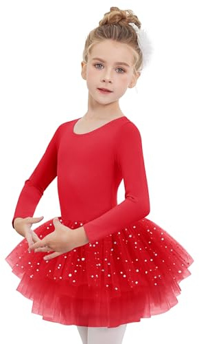 Arshiner Robe de Ballet pour Filles Robe de Danse à Manches Longues Vêtements de Ballet pour Enfants Combinaison en Coton Pailleté Body de Danse avec Tutu Jupe à 4 Couches et Niveaux 150/7-8 Ans
