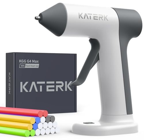 Katerk Pistolet à Colle Chaud Sans Fil, Pistolets à Colle Électriques avec Chauffage 30s, 20 Bâtons de Colle 7x100mm, 2500mAh Batterie, Arrêt Intelligent pour Bricolage, Art DIY et Réparations - Blanc