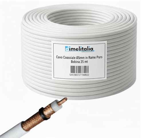 dimelitalia Cavo TV in Rame Puro, PVC, Coassiale 75 Ohm, Bianco, 5 mm, Schermatura Classe B, 25 Metri per Televisione segnali Video