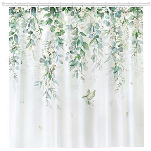 Arquiel Duschvorhang Eukalyptus Blätter Blumen Waschbar 182X182 cm Polyester Badezimmervorhang Dekor Frühling Vogel für Bad Dusche Badezimmer Mit 12 Ösen und Ringen