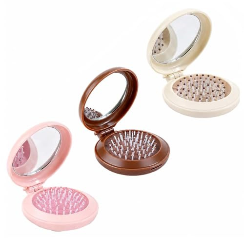 JRYXDS 3 Pezzo Spazzola Per Capelli Pieghevoli Con Specchio,Spazzola Tascabile,Pettine Per Capelli Mini Tasca,Spazzola Per Capelli Pieghevole A Specchio,Rotonda,Per Viaggio,Portatile