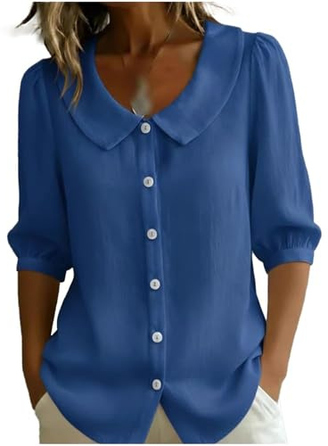 Camisa Retro Abotonada con Cuello Peter Pan | Blusa Casual de Corte Holgado para Primavera y Verano | Estilo Vintage para el Trabajo y el Ocio (Blue,L)