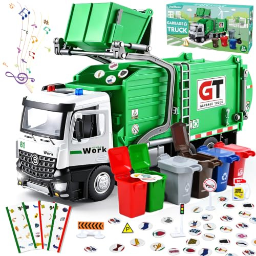 Joellfuner Camion Spazzatura Giocattolo, Camion Giocattolo Bambini con Luci e Suoni, Mappa della Città e Mini Pattumiera, Carte del Rifiuto, Educativi Regalo Bambini 4 5 6 Anni Ragazzi Ragazze