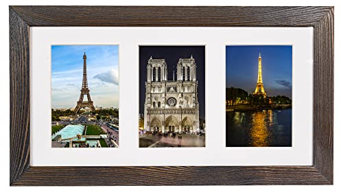 Rustic Solid Wood Collage Photo Frame 8x16 – Display Three (3) 4x6 Pictures with Mat, Horizontal or Vertical for Wall and Tabletop - Brown Wenge