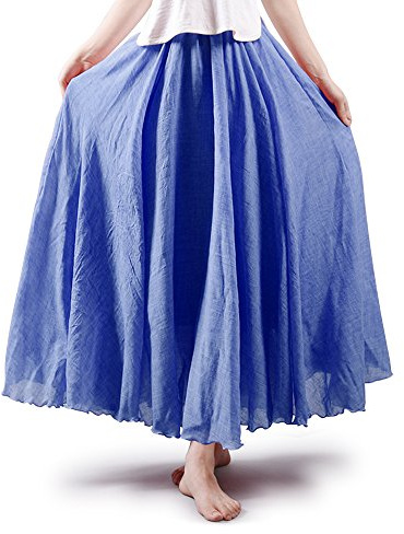 Aeslech Falda larga de lino y algodón con cintura elástica para mujer, Azul mezclilla, S