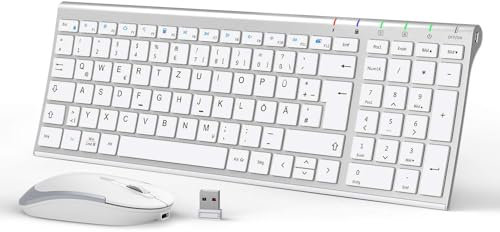 iClever Tastatur Maus Set Kabellos, Kabellose Tastatur und Maus, Wiederaufladbare, Deutsche QWERTZ Layout Funktastatur für Computer/Desktop/PC/Laptop/Windows 10/8/7, Weiß und Silber