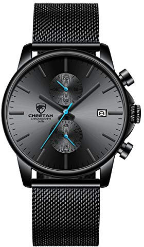 GOLDEN HOUR Herren-Armbanduhr, modisch, schlank, minimalistisch, Quarz, Analog, Netz, Edelstahl, wasserdicht, Chronograph, Uhren für Männer mit automatischem Datum Schwarz-Blaue Zeiger…