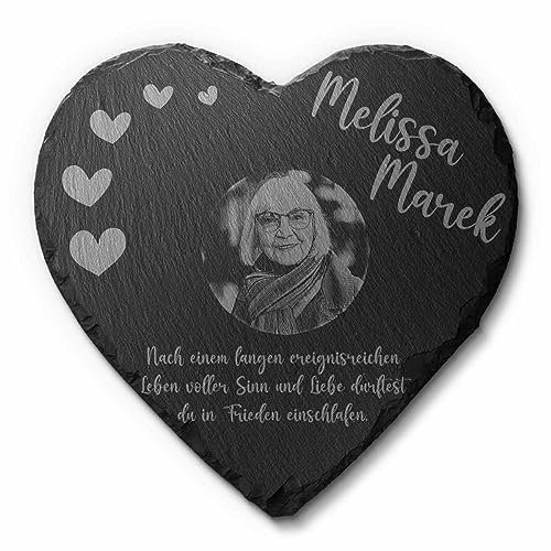Grabplatte Grabstein Herz aus Schiefer mit Bild Gravur für Menschen ab 18x18 cm | Großer Gedenkstein mit Foto & vielen Motiven - Gravierte Gedenktafel als Grabschmuck Grabdeko personalisiert