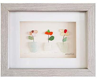 Flowers - Unique Pebble Art & Sea Glass Picture - Framed, Unique, Handmade