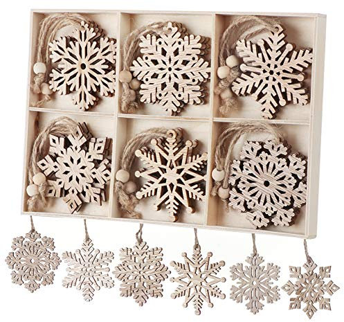 Holzanhänger Weihnachten, 18 Stück Holz Schneeflocken Anhänger, 7cm Weihnachtsbaumschmuck Holz mit Juteseil, Christbaumschmuck Weihnachtsanhänger Christbaumanhänger