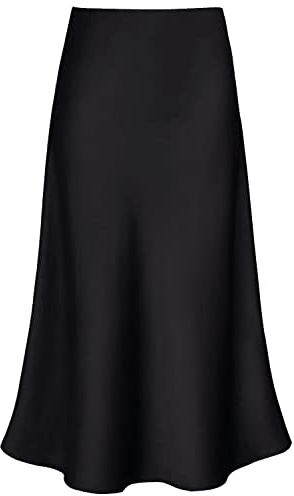 Modegal Women's Satin High Waist Hidden Elasticized Waistband Flared Casual A Line Midi Skirt (Black, Large)