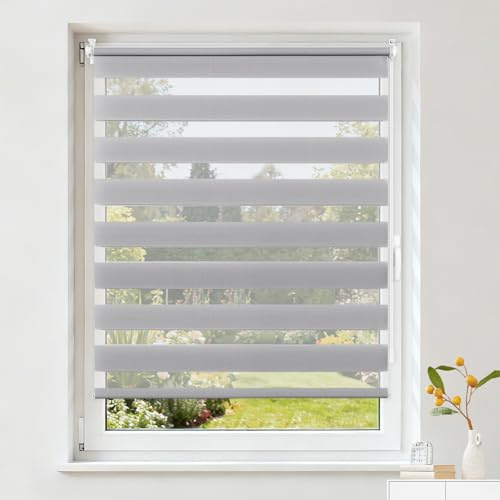 Buseu Store Enrouleur Jour Nuit sans Perçage, Rideau Translucide & Occultant, Fixation Facile par Clips pour Fenêtre ou Porte, Gris, 50l x 120L cm (Largeur du Tissu 50 cm)