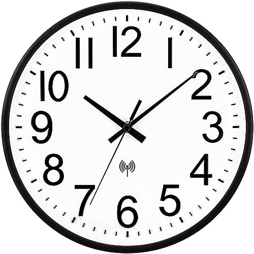 VIVILINEN Horloge Murale Radio Pilotée Silencieuse 30cm sans tic-tac Pendule Murale Digitale Stéréo pour Chambre Cuisine Salon Changement d'heure Automatique avec Mecanisme Radio (Noir)