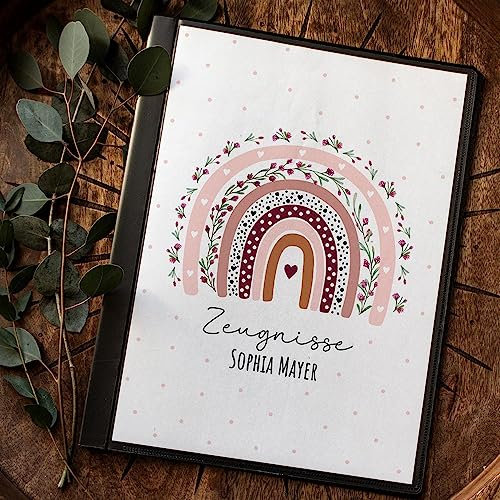 Zeugnismappe 10er 20er Hülle Deckblatt A4 Regenbogen rosa Blumen personalisierbar Schulanfang Einschulung Wunschname Name zm43 - ausgewählte Größe: *Zeugnismappe 10 Folien*
