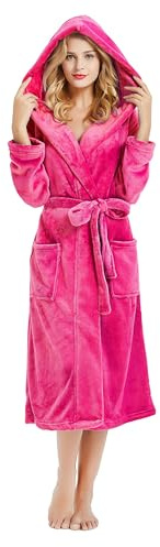 HEARTNICE Albornoz de forro polar para mujer con capucha, bata de felpa suave, bata de baño para mujer, mullido y dulce, bata larga, rojo rosado, L-XL