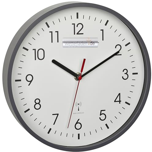 TFA Dostmann analog trådlös väggklocka, 60,3550.10, högsta noggrannhet, snygg, analog, glaslock för kontor, hem, gåva, 245 x 245 x 42 mm, grå med batteri