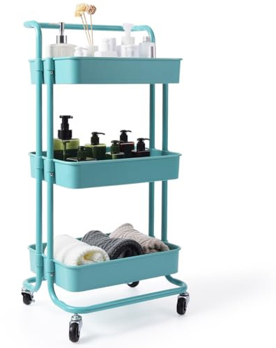 GOPLUS 3-stöckiger Servierwagen mit Rollen, Küchenwagen Metall, Rollwagen für Badezimmer, Küche, Kinderzimmer, Allzweckwagen mit 3 Etagen, Aufbewahrungswagen mit 2 Bremsen (Zyanblau)