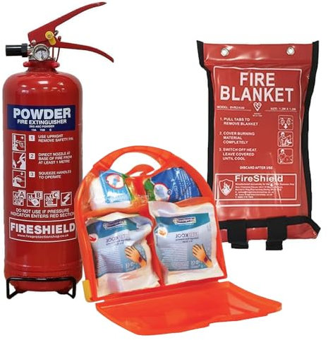 Kitchen Fire Extinguisher - 2kg Powder Fire Extinguisher Bundle (Fire Extinguisher, Burns Kit, Fire Blanket) - FireShield (Extinguisher, Burns Kit & Blanket)