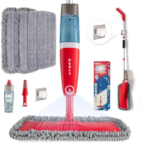 Mocio spray per la pulizia dei pavimenti, con 4 panni lavabili, in microfibra, con flacone ricaricabile da 580 ml, per casa, cucina, pavimenti in legno, laminato, piastrelle di ceramica, pavimenti in