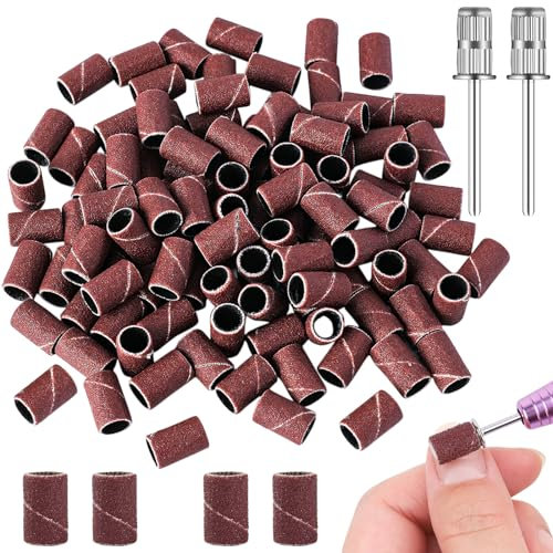 Cilindri Abrasivi Fresa Unghie 180#, 100pz Nastri Abrasivi Fresa Unghie con 2pz Punte Fresa Unghie, Bande Levigatura Fresa Unghie Nastri Abrasivi Manicure, Tappi Abrasivi Unghie per Pedicure Manicure