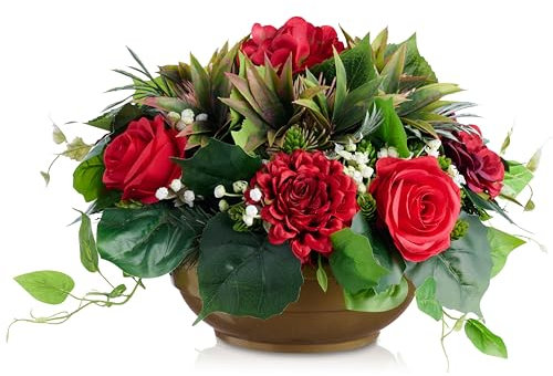 Grabschmuck mit künstlichen roten Rosen Blumentopf | 30cm breit | im runden Topf mit Beschwerung sehr stabil | wie Echt EU handgefertigt | für Friedhof o. Büro Praxis- Innen und Außenbereich