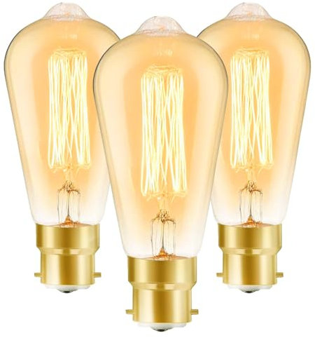 JQslight B22 Vintage Edison Light Bulb，ST64 Industrial Style Bayonet Filament Bulbs 60W,2700K Warm White Dimmable,600lm, Amber Retro Design Style Decorative Light Bulbs,Pack of 3.