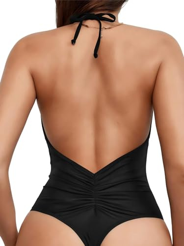 Sexybody Women' s One Piece Sexy Swimsuits Halter Tie Back V Neck Low Back Bathing Suit Ruched Butt High Cut Swimsuit Thong