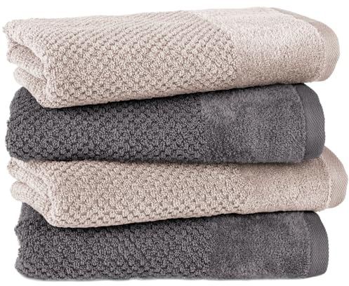 Pure Label 4-TLG. Handtücher Set mit Aufhängeschlaufen aus 100% Baumwolle, saugstark und weich - 4er Pack Handtücher 50x100 cm auf feinster aus feinster Baumwolle, Anthrazit | Stein