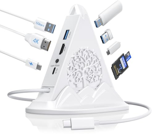 Hub USB C, adaptateur multiport 8 en 1 blanc avec HDMI 4K, charge d'alimentation 100 W, 5 Gbit/s Type C 3.0, 3 x USB A 3.0, lecteur SD/TF et éclairage RVB, station de codage blanche pour MacBook Air