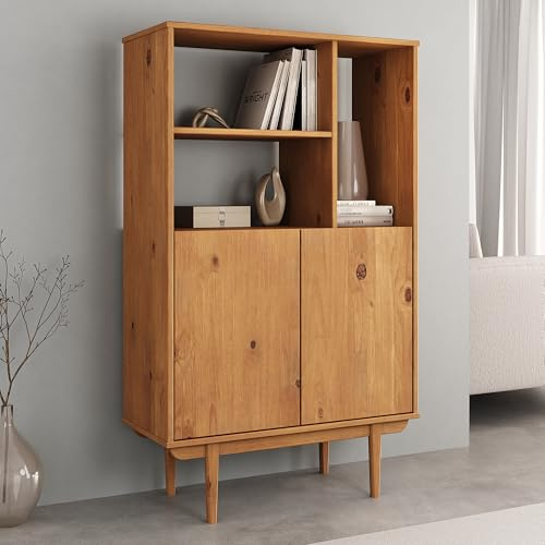 IDIMEX Highboard Simona mit offenem Regal in Massivholz Eiche Farben – Wohnzimmer Kommode mit 3 offenen Fächern und 2 Türen – Bücherregal mit Türen – Retro Holzschrank