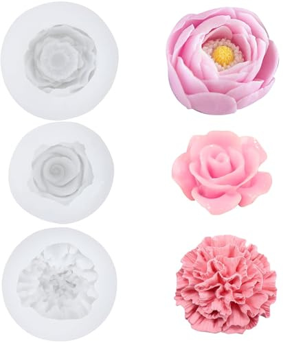3 Stück kerzen formen, silikonform blumen, silikonform blütenkugel, silikonformen gießformen blumen, Silikonform Kerzen, Rosen Nelke pfingstrosen Kerzenformen zum Gießen 3D Blumen (3)