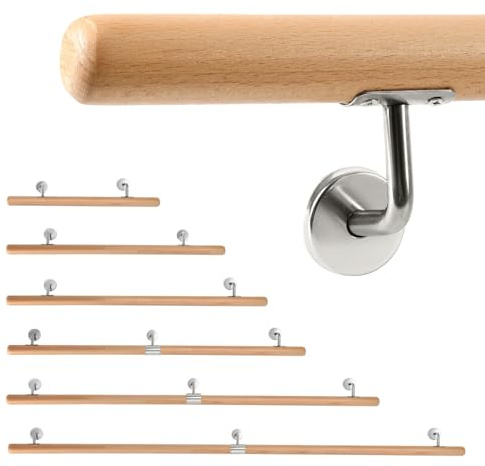 Jaxguom Holz Handlauf Treppengeländer 150cm Geländer für Treppe Ø 42mm Wandhandlauf Wand Treppe seitliche Montage, Inklusive Wandhalterungen, Montagematerial