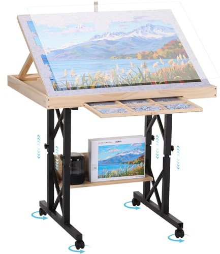 FUNTOK Portable Jigsaw Puzzle Table with 4 Wheels, 1500 Pieces Tilting Puzzle Board with Angle & Height Adjustment for Adults, 12 Sorting Drawers & Cover, Storage Rack, Birthday