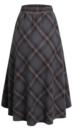 Artykey Jupe Longue Femme Hiver Taille Haute Vintage Élégant Maxi Skirt Carreaux A-Ligne Automne Jupe Plissée Gris foncé XXL(Elastic Waist:88cm)