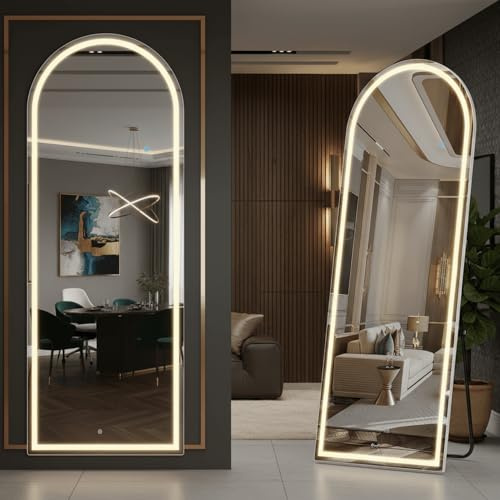Alpen 71 x 26 Arched Full Length Mirror with LED Lights, Floor Mirror with Stand, Full Length Body Floor Mirrors, Wall Mounted Mirrors for Bedroom Dimmable Tempered Glass