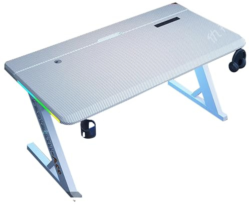 ZKBDBWTR Bureau Gaming LED avec Plateau en Fibre de Carbone, Pieds en Acier en Forme de Z, Poste de Travail Ergonomique pour la Maison, Le Bureau et la Chambre(White,140cm/55.1in)