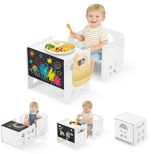 PAMPORPET Montessori Tisch Stuhl Set für Kinder-Kindertisch mit Blackboard- Konvertierbar Kleinkindertischset Holz-Höheneinstellbar kindersessel für 1–3 Jährige-Kindermöbel für Essen/Spielen/Maltisch