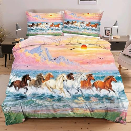 Fotmung Housse de Couette 240x260 cm Animal Cheval, Ensemble de Linge de Lit 3 Pièces, Résistant à l'usure et avec Sangles aux 4 Coins pour Fixer la Couette, Évite Le Glissement W256