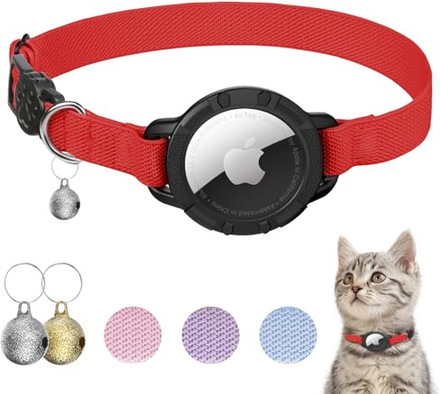 NozlaID AirTag Katzenhalsband, Dehnbares Halsband Katze mit Glocke | Katzen Tracker Halsband mit Apple Airtag Hülle, Langlebig und Passend für Kätzchen, Katzen und Welpen (Rot)