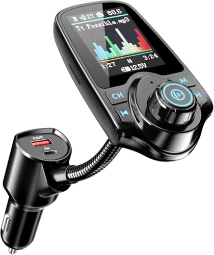 [2026 KM18 uppgraderad version] 1,8 tums färgskärm 48 W Bluetooth 5,4 biladapter, dubbla snabbladdningsportar [PD 30 W och QC3.0 18 W] trådlös radio FM-sändare, handsfree-samtal, 7 EQ-lägen, svart