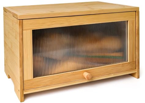 Panera de madera con tabla de cortar extraíble y puerta acrílica, panera de bambú para mostrador de cocina, caja de almacenamiento de pan, para pan, frutas y especias, 40 x 25 x 23 cm