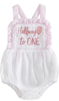 LYSINK Baby Boy Girl Half Birthday Outfit Striped Sleeveless Bubble Romper Balloon Overalls Cake Smash Outfit (A1-a-Pink, 6-12 Months)