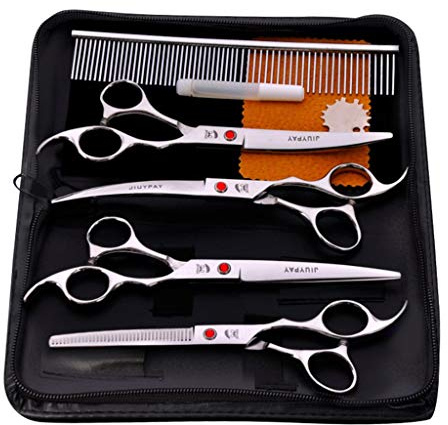 7 Pièces Ciseaux Toilettage Animaux Kit Professionnel Coupe Poils Chiens Chats Ciseaux Droits Effilés Courbés Peigne Tondeuse Acier Inoxydable 440C Ad, Argent, 7 Pouces