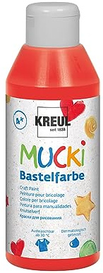 KREUL 24205 - Mucki Bastelfarbe für Kinder, 250 ml in rot, Kindermalfarbe auf Wasserbasis, parabenfrei, glutenfrei, laktosefrei und vegan, auswaschbar, vermalbar mit Pinsel und Schwamm