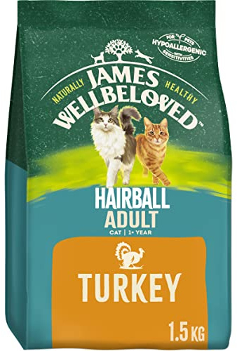 James Wellbeloved Complete Dry Adult Hairball Control Cat Food Turkey and Rice, 1.5 kg