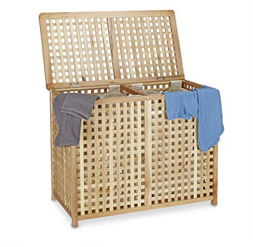 Relaxdays Wäschesammler Duo Walnuss, breite Wäschetruhe, 2 Wäschesäcke, Doppel Wäschebox HBT 68 x 88 x 46 cm, natur