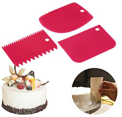Cake Scraper Spatula Set – 3-Piece Plastic Smoother & Decorating Comb by Koksi – Pastry Dough Fondant Icing Tools